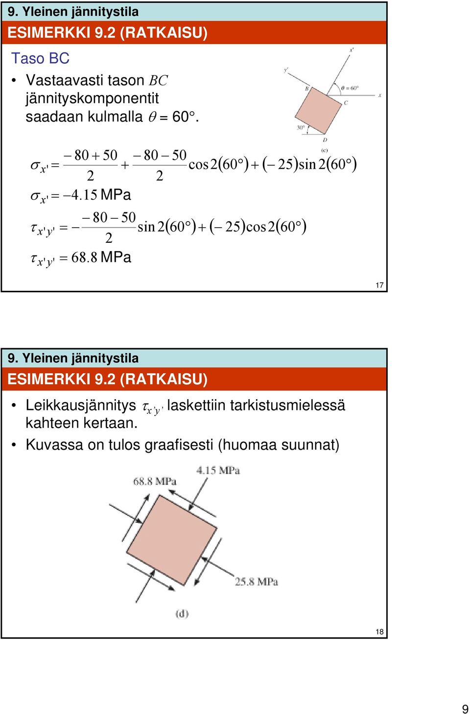 τ τ x' x' x' ' x' ' 80 + 50 80 50 = + cos = 4.15 MPa 80 50 = sin = 68.