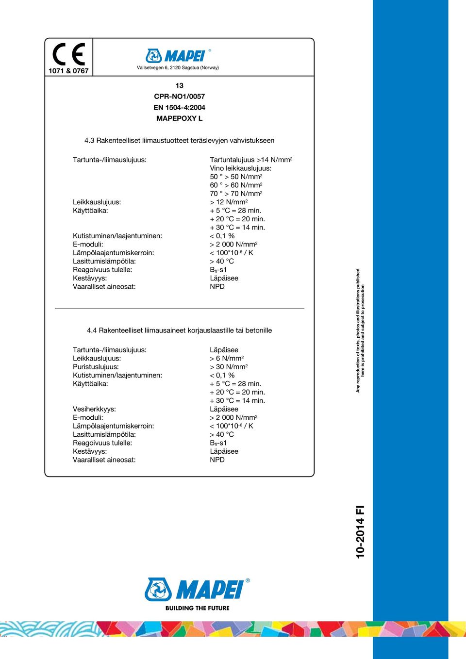 N/mm 2 Käyttöaika: + 5 C = 28 min. + 20 C = 20 min. + 30 C = 14 min.