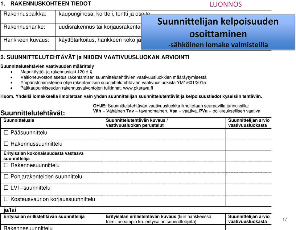 SUUNNITTELUTEHTÄVÄT ja NIIDEN VAATIVUUSLUOKAN ARVIOINTI Suunnittelutehtävien vaativuuden määrittely Maankäyttö- ja rakennuslaki 120 d Valtioneuvoston asetus rakentamisen suunnittelutehtävien