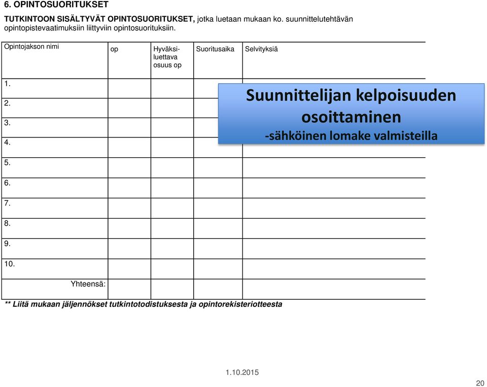 Opintojakson nimi op Hyväksiluettava osuus op 1. 2. 3. 4. 5.