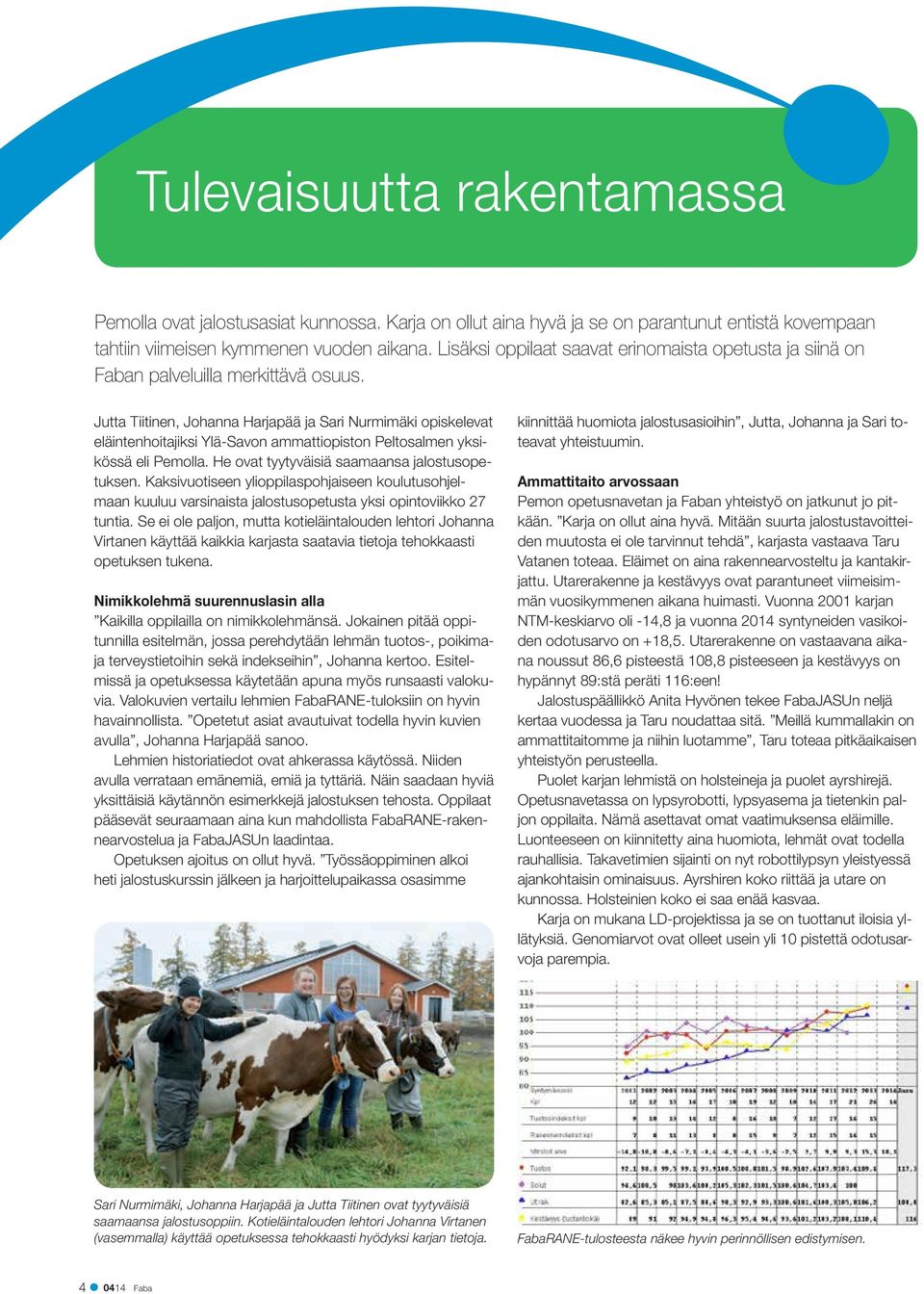Jutta Tiitinen, Johanna Harjapää ja Sari Nurmimäki opiskelevat eläintenhoitajiksi Ylä-Savon ammattiopiston Peltosalmen yksikössä eli Pemolla. He ovat tyytyväisiä saamaansa jalostusopetuksen.