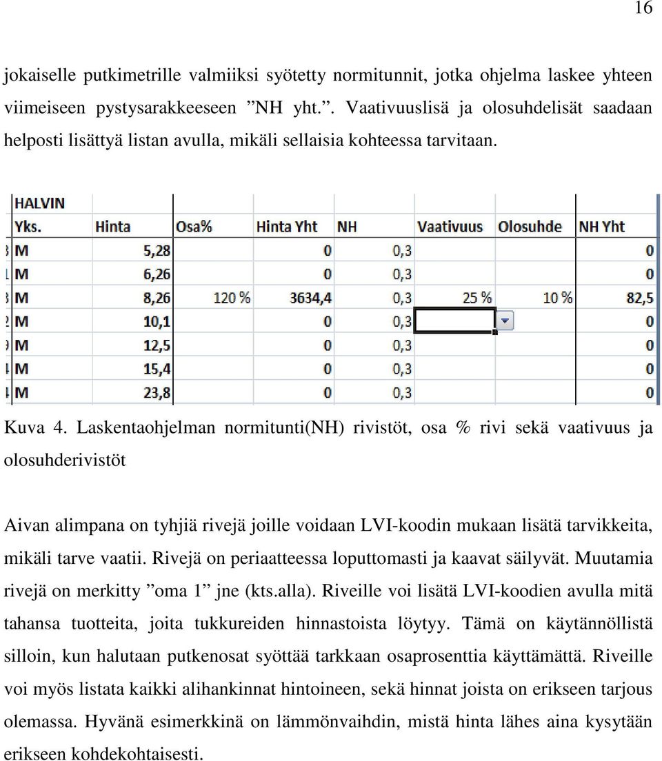 Laskentaohjelman normitunti(nh) rivistöt, osa % rivi sekä vaativuus ja olosuhderivistöt Aivan alimpana on tyhjiä rivejä joille voidaan LVI-koodin mukaan lisätä tarvikkeita, mikäli tarve vaatii.