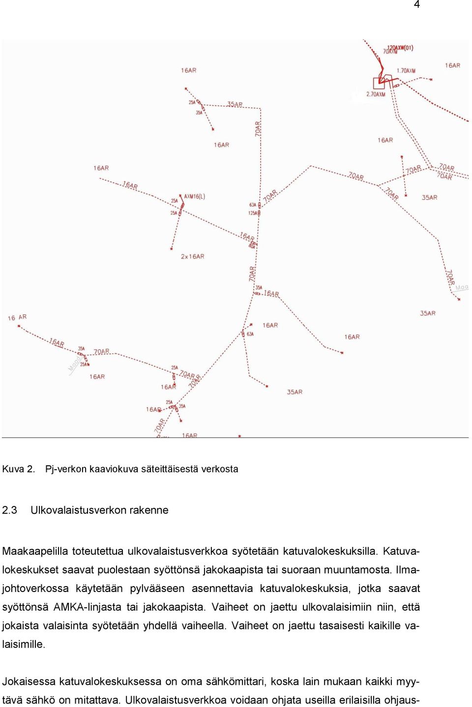 Ilmajohtoverkossa käytetään pylvääseen asennettavia katuvalokeskuksia, jotka saavat syöttönsä AMKA-linjasta tai jakokaapista.
