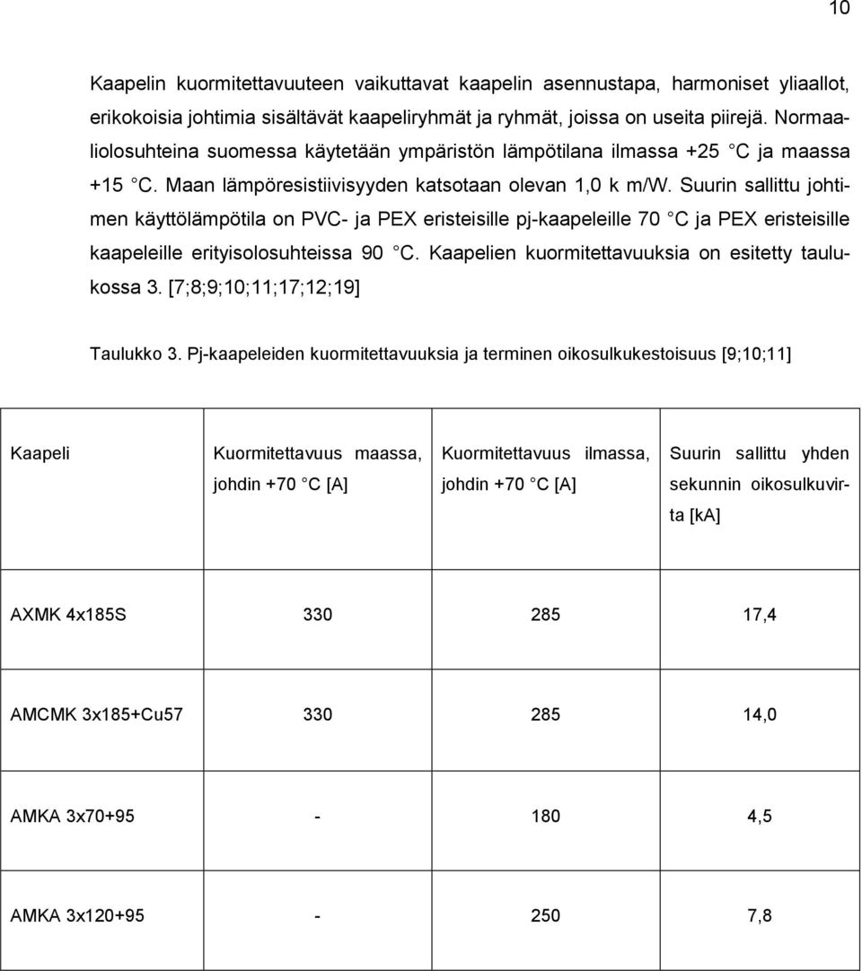 Suurin sallittu johtimen käyttölämpötila on PVC- ja PEX eristeisille pj-kaapeleille 70 C ja PEX eristeisille kaapeleille erityisolosuhteissa 90 C.