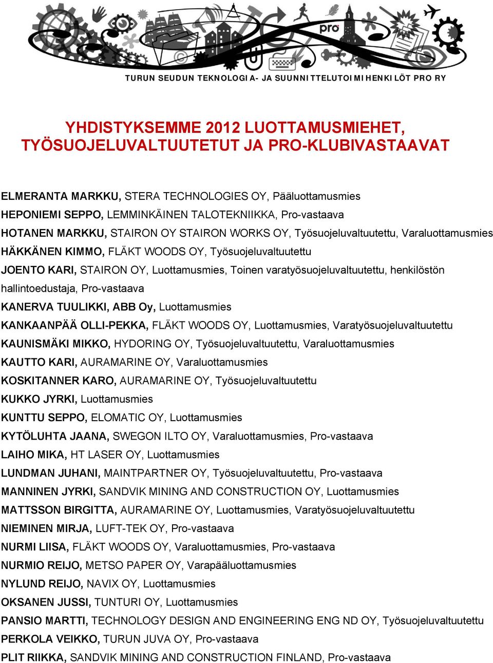 varatyösuojeluvaltuutettu, henkilöstön hallintoedustaja, Pro-vastaava KANERVA TUULIKKI, ABB Oy, Luottamusmies KANKAANPÄÄ OLLI-PEKKA, FLÄKT WOODS OY, Luottamusmies, Varatyösuojeluvaltuutettu