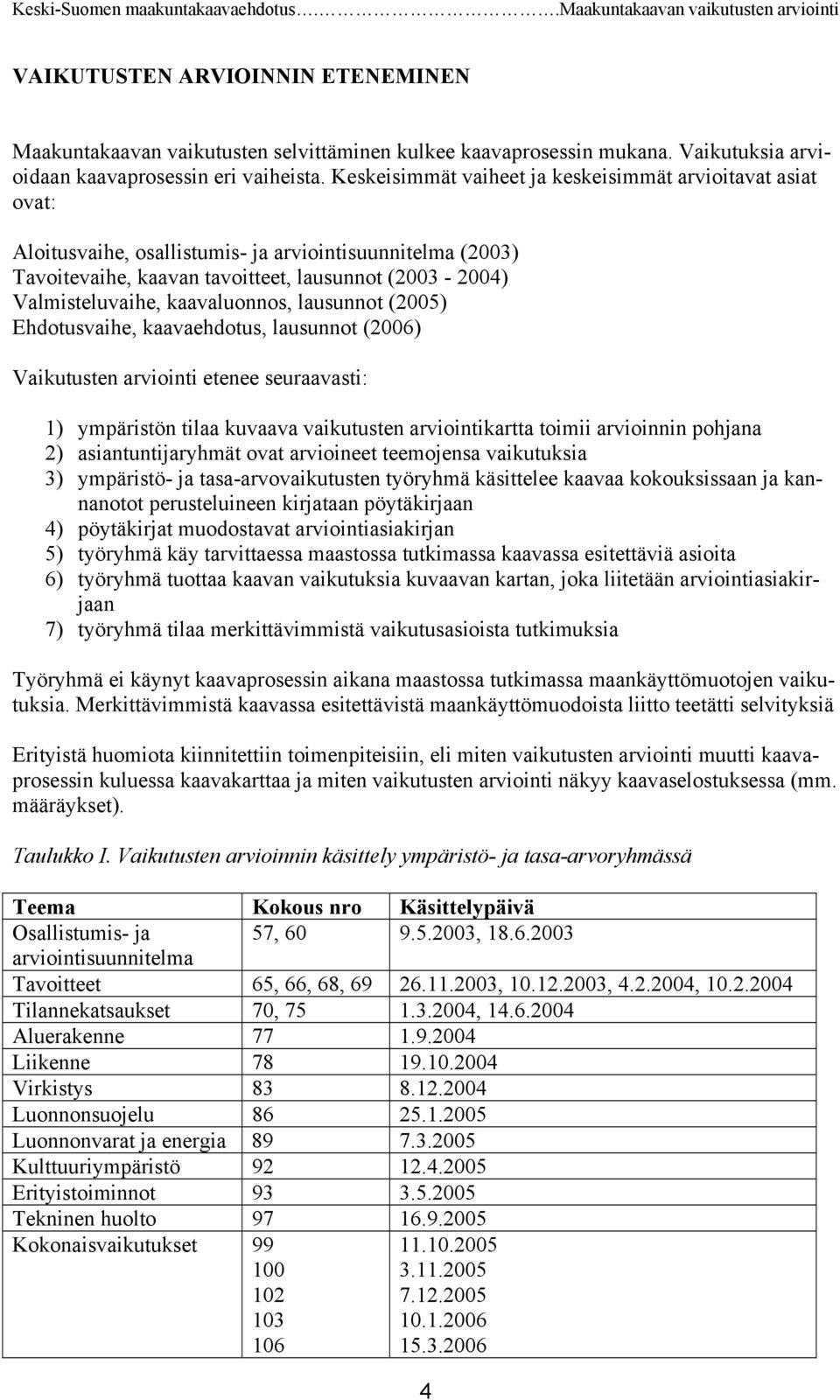 kaavaluonnos, lausunnot (2005) Ehdotusvaihe, kaavaehdotus, lausunnot (2006) Vaikutusten arviointi etenee seuraavasti: 1) ympäristön tilaa kuvaava vaikutusten arviointikartta toimii arvioinnin pohjana