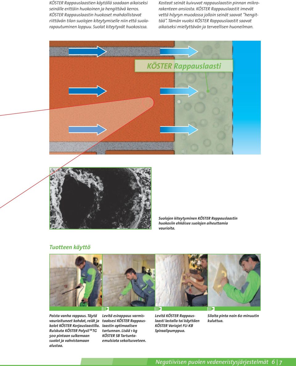 Kosteat seinät kuivuvat rappauslaastin pinnan mikrorakenteen ansiosta. KÖSTER Rappauslaastit imevät vettä höyryn muodossa jolloin seinät saavat hengittää.
