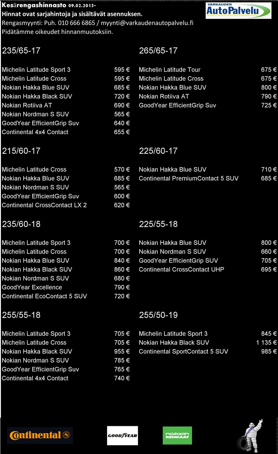 Black SUV 720 Nokian Rotiiva AT 790 Nokian Rotiiva AT 690 GoodYear EfficientGrip Suv 725 Nokian Nordman S SUV 565 GoodYear EfficientGrip Suv 640 Continental 4x4 Contact 655 215/60-17 225/60-17