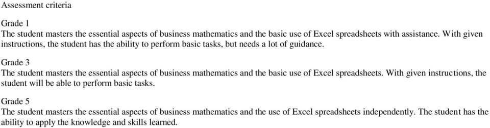 Grade 3 The student masters the essential aspects of business mathematics and the basic use of Excel spreadsheets.