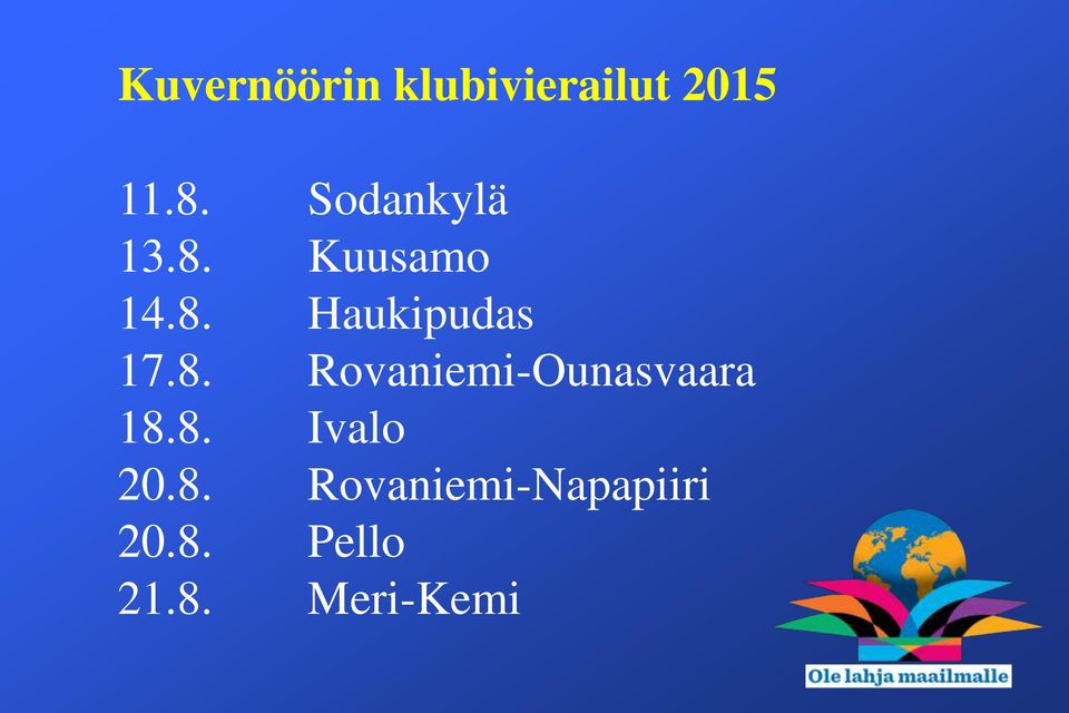 8. Rovaniemi-Ounasvaara 18.8. Ivalo 20.8. Rovaniemi-Napapiiri 20.