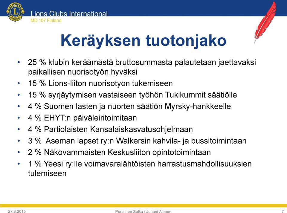 EHYT:n päiväleiritoimitaan 4 % Partiolaisten Kansalaiskasvatusohjelmaan 3 % Aseman lapset ry:n Walkersin kahvila- ja bussitoimintaan 2 %