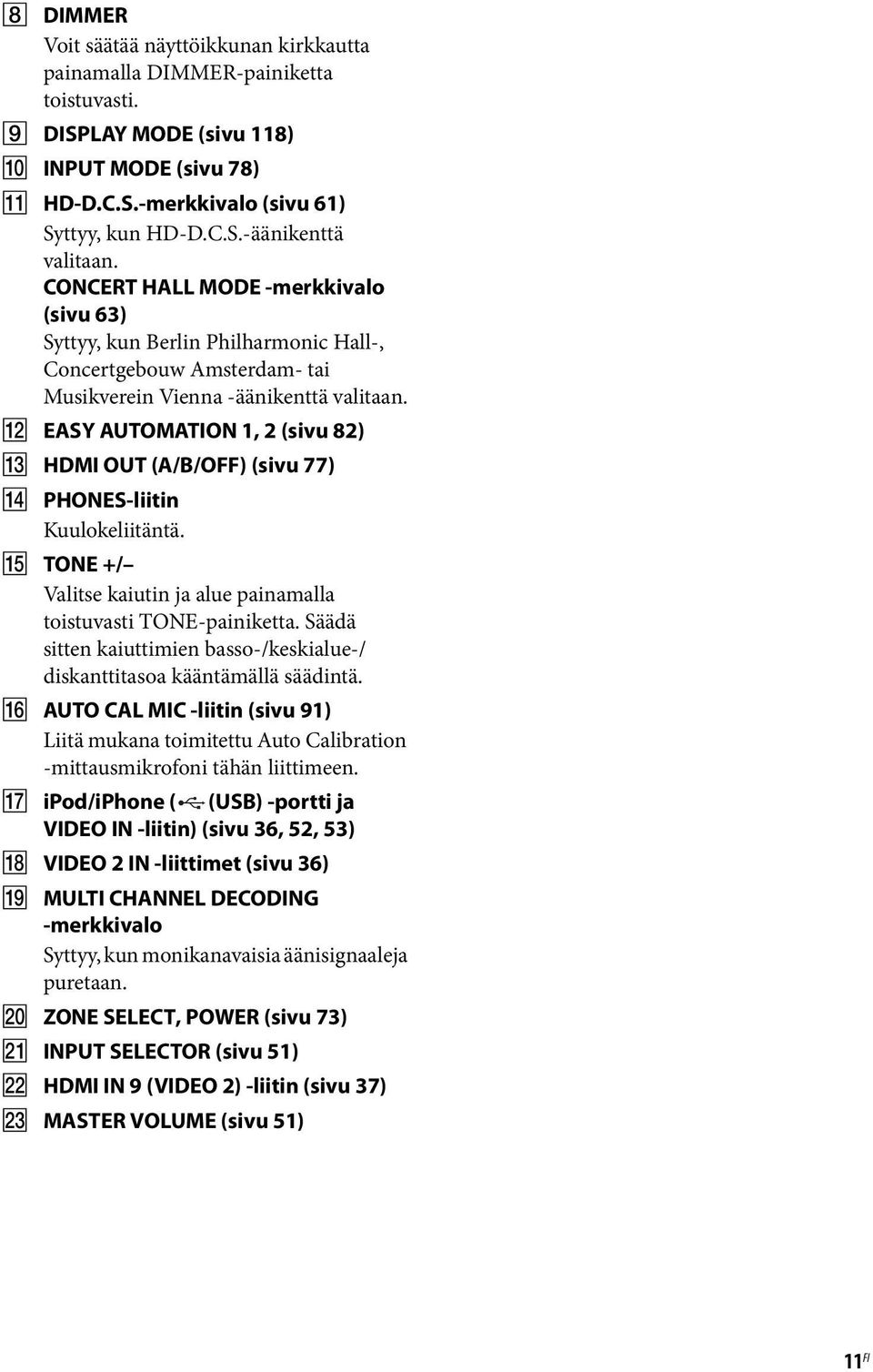 L EASY AUTOMATION 1, 2 (sivu 82) M HDMI OUT (A/B/OFF) (sivu 77) N PHONES-liitin Kuulokeliitäntä. O TONE +/ Valitse kaiutin ja alue painamalla toistuvasti TONE-painiketta.