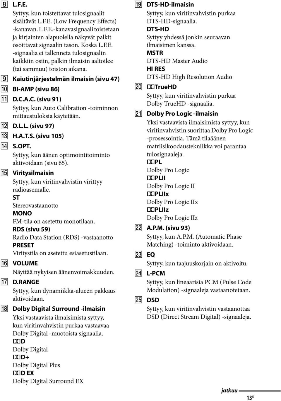 A.C. (sivu 91) Syttyy, kun Auto Calibration -toiminnon mittaustuloksia käytetään. L D.L.L. (sivu 97) M H.A.T.S. (sivu 105) N S.OPT. Syttyy, kun äänen optimointitoiminto aktivoidaan (sivu 65).