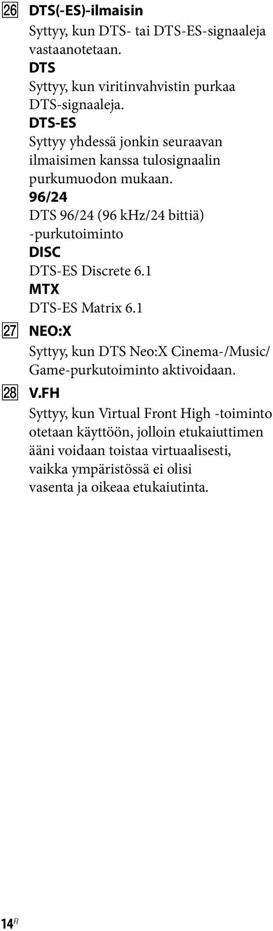 96/24 DTS 96/24 (96 khz/24 bittiä) -purkutoiminto DISC DTS-ES Discrete 6.1 MTX DTS-ES Matrix 6.