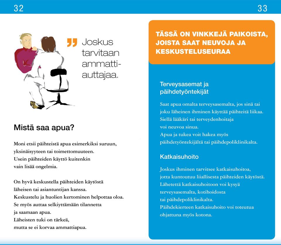 On hyvä keskustella päihteiden käytöstä läheisen tai asiantuntijan kanssa. Keskustelu ja huolien kertominen helpottaa oloa. Se myös auttaa selkiyttämään tilannetta ja saamaan apua.