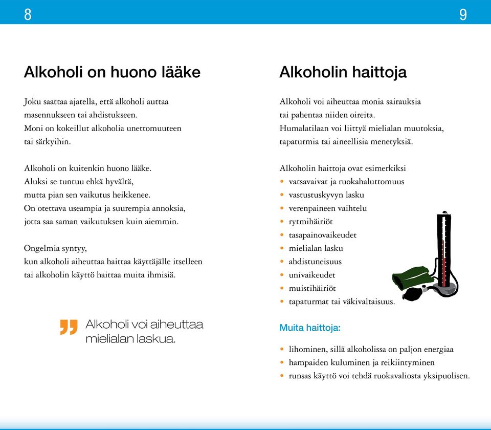 Ongelmia syntyy, kun alkoholi aiheuttaa haittaa käyttäjälle itselleen tai alkoholin käyttö haittaa muita ihmisiä. mielialan Alkoholi voi aiheuttaa laskua.