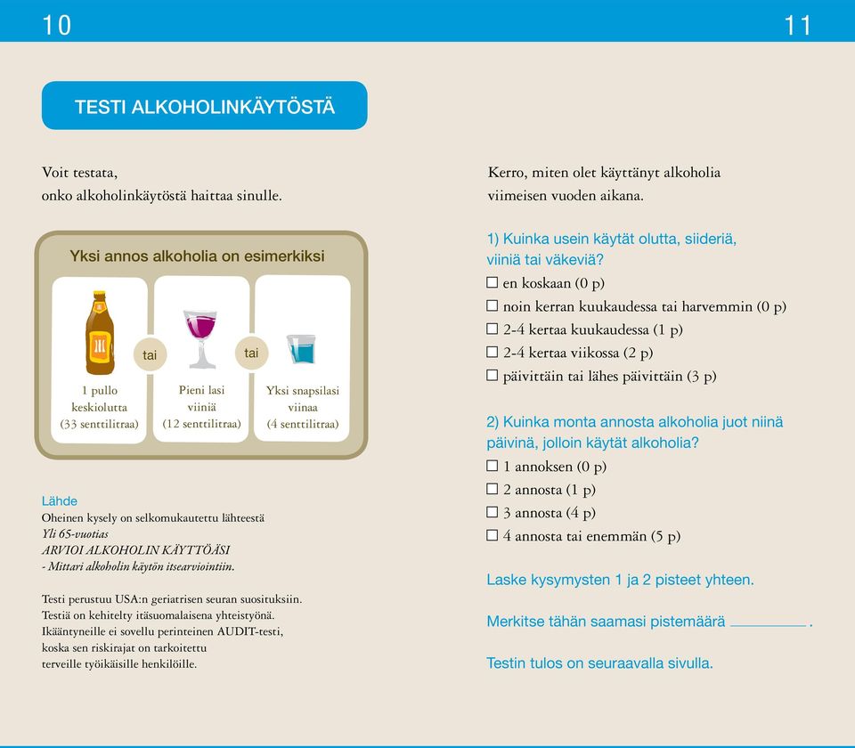 KÄYTTÖÄSI - Mittari alkoholin käytön itsearviointiin. Testi perustuu USA:n geriatrisen seuran suosituksiin. Testiä on kehitelty itäsuomalaisena yhteistyönä.
