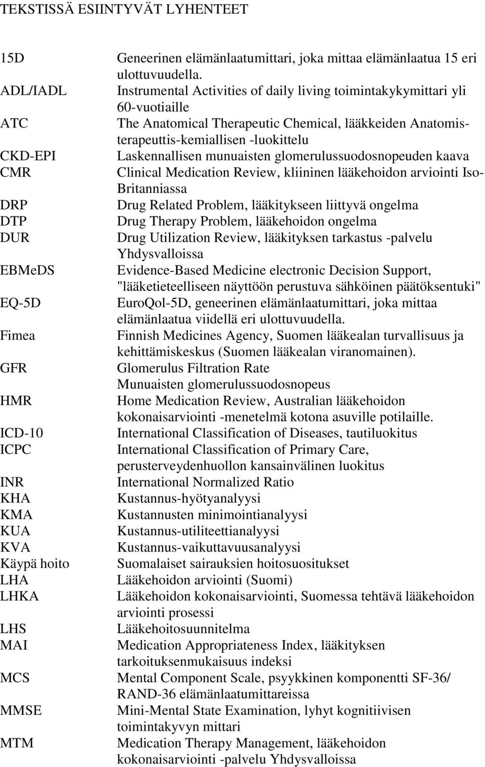 Instrumental Activities of daily living toimintakykymittari yli 60-vuotiaille The Anatomical Therapeutic Chemical, lääkkeiden Anatomisterapeuttis-kemiallisen -luokittelu Laskennallisen munuaisten