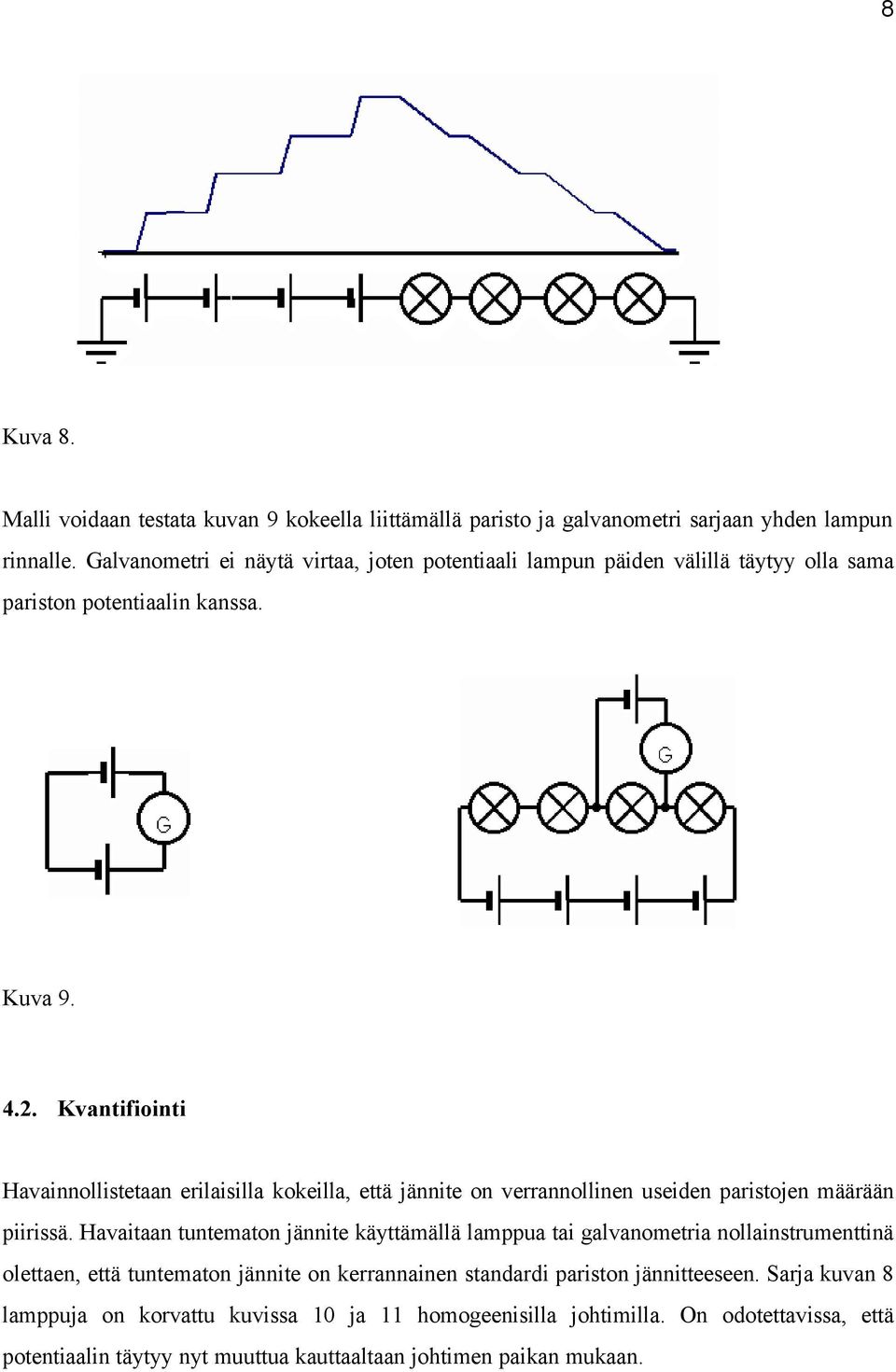 Kvantifiointi Havainnollistetaan erilaisilla kokeilla, että jännite on verrannollinen useiden paristojen määrään piirissä.