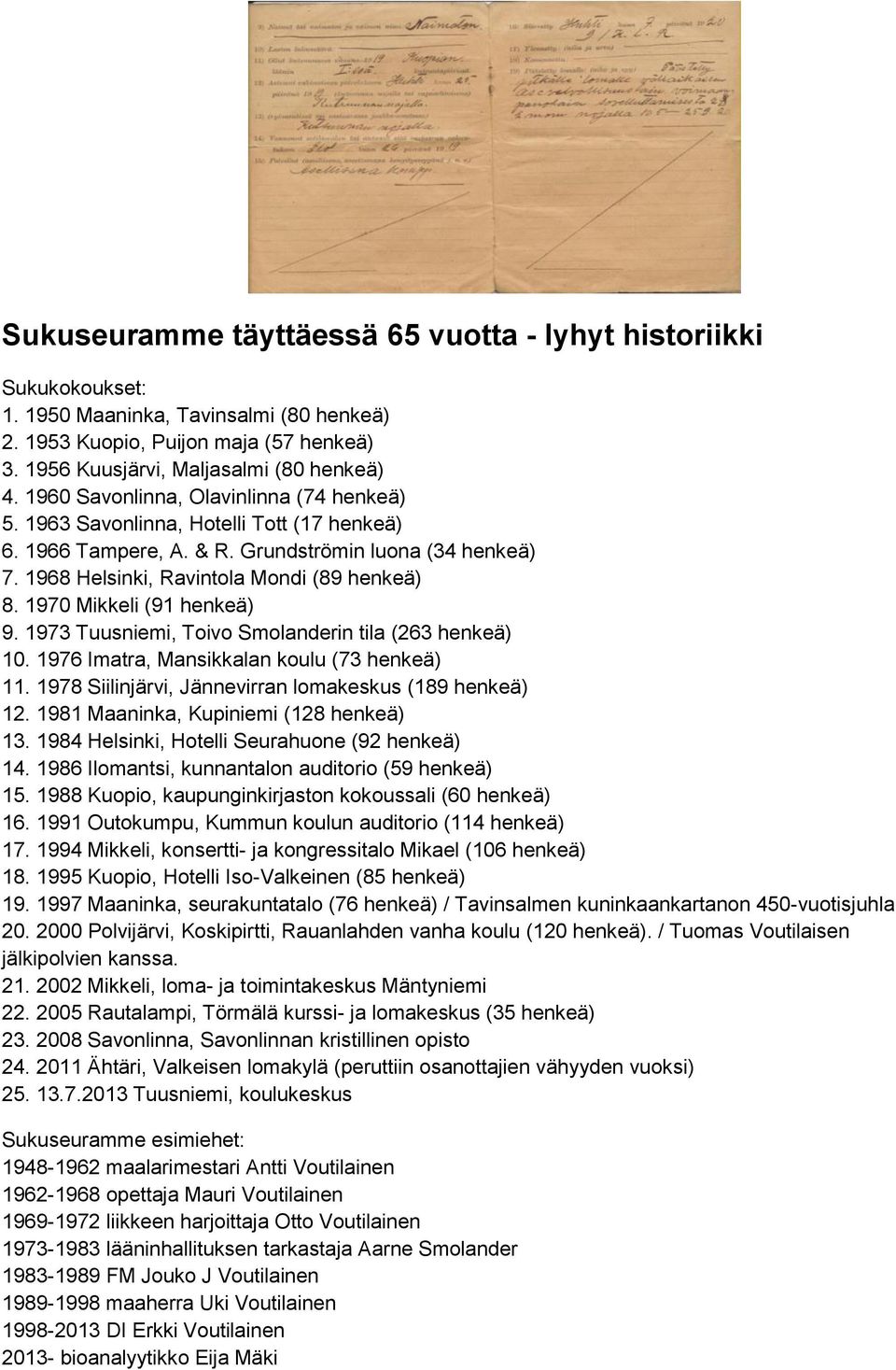 1970 Mikkeli (91 henkeä) 9. 1973 Tuusniemi, Toivo Smolanderin tila (263 henkeä) 10. 1976 Imatra, Mansikkalan koulu (73 henkeä) 11. 1978 Siilinjärvi, Jännevirran lomakeskus (189 henkeä) 12.