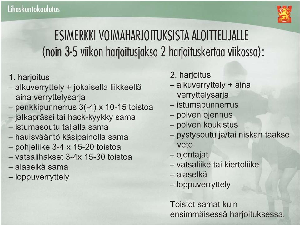 sama hauisvääntö käsipainolla sama pohjeliike 3-4 x 15-20 toistoa vatsalihakset 3-4x 15-30 toistoa alaselkä sama loppuverryttely 2.