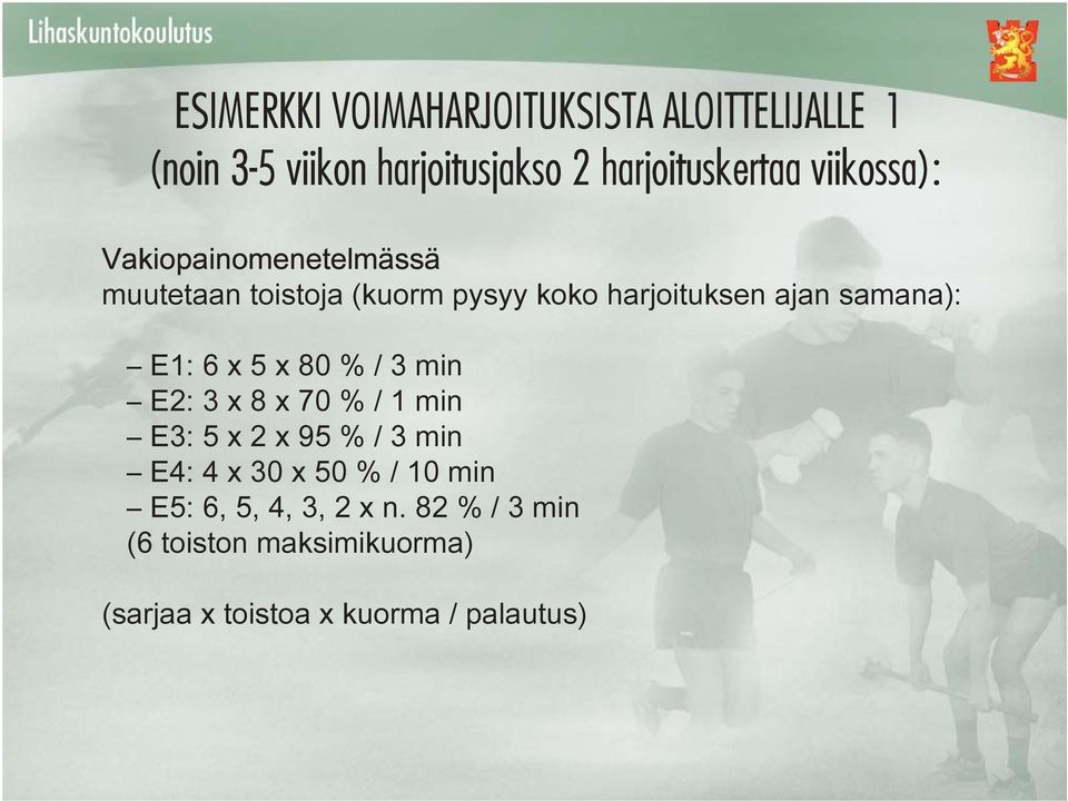 E1: 6 x 5 x 80 % / 3 min E2: 3 x 8 x 70 % / 1 min E3: 5 x 2 x 95 % / 3 min E4: 4 x 30 x 50 % / 10