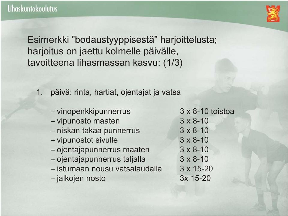 päivä: rinta, hartiat, ojentajat ja vatsa vinopenkkipunnerrus 3 x 8-10 toistoa vipunosto maaten 3 x 8-10