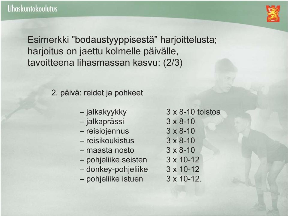 päivä: reidet ja pohkeet jalkakyykky 3 x 8-10 toistoa jalkaprässi 3 x 8-10 reisiojennus