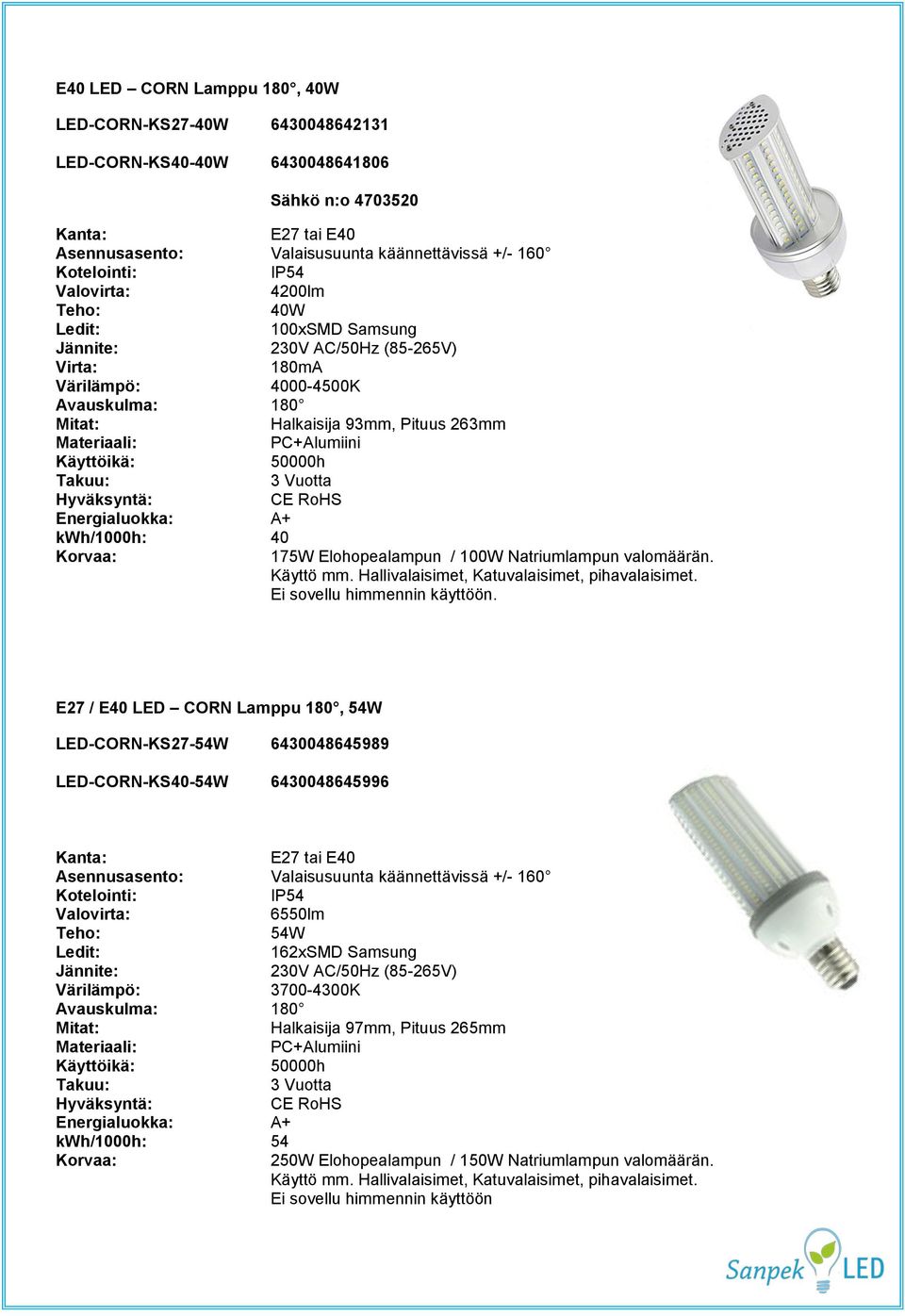 Käyttöikä: 50000h Takuu: 3 Vuotta Hyväksyntä: CE RoHS Energialuokka: A+ kwh/1000h: 40 Korvaa: 175W Elohopealampun / 100W Natriumlampun valomäärän. Käyttö mm.