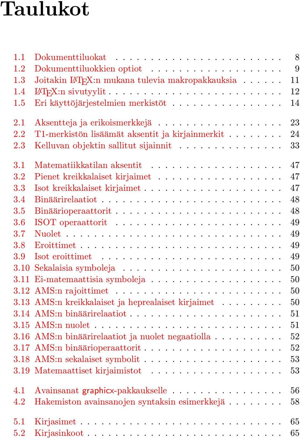 3 Kelluvan objektin sallitut sijainnit............... 33 3.1 Matematiikkatilan aksentit................... 47 3.2 Pienet kreikkalaiset kirjaimet.................. 47 3.3 Isot kreikkalaiset kirjaimet.