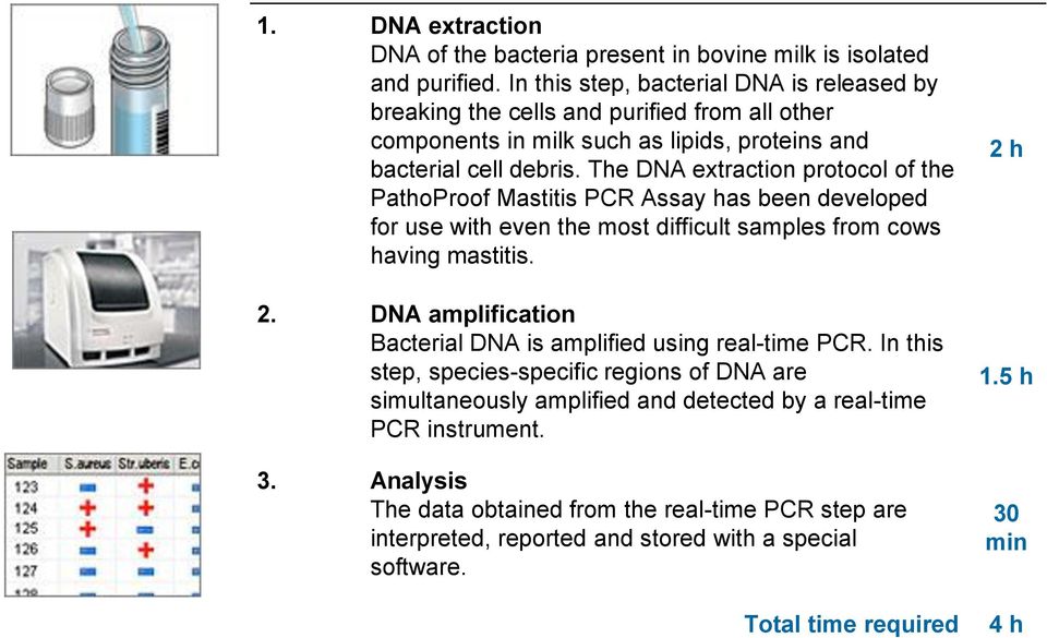 The DNA extraction protocol of the PathoProof Mastitis PCR Assay has been developed for use with even the most difficult samples from cows having mastitis. 2.