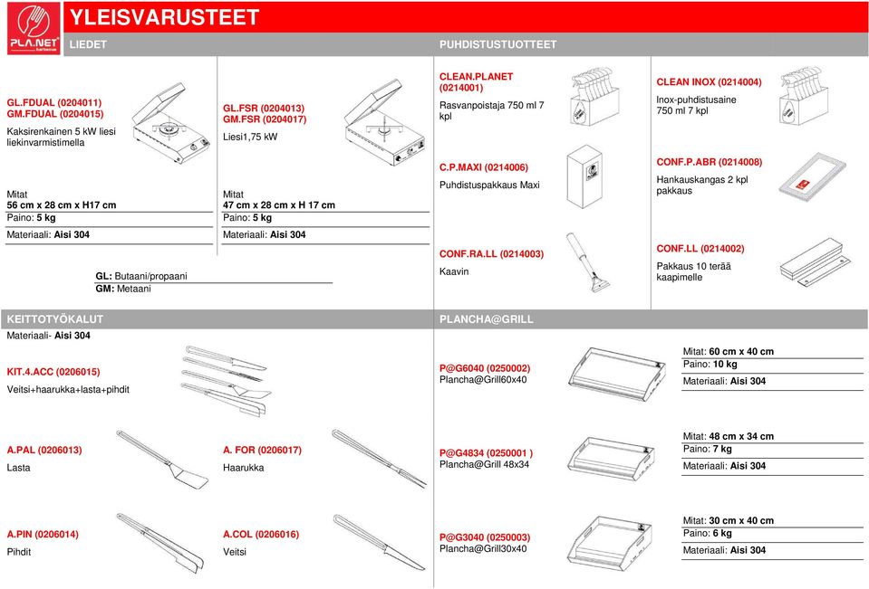 P.ABR (0214008) Hankauskangas 2 kpl pakkaus CONF.RA.LL (0214003) Kaavin CONF.LL (0214002) Pakkaus 10 terää kaapimelle KEITTOTYÖKALUT PLANCHA@GRILL Materiaali- Aisi 304 KIT.4.ACC (0206015) Veitsi+haarukka+lasta+pihdit P@G6040 (0250002) Plancha@Grill60x40 : 60 cm x 40 cm Paino: 10 kg A.