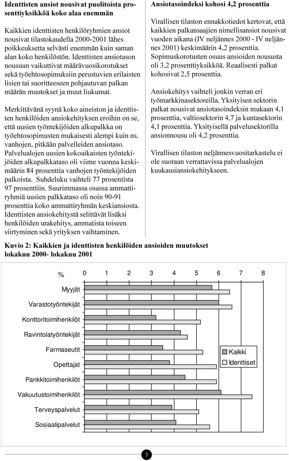 Identtisten ansiotason nousuun vaikuttivat määrävuosikorotukset sekä työehtosopimuksiin perustuvien erilaisten lisien tai suoritteeseen pohjautuvan palkan määrän muutokset ja muut liukumat.