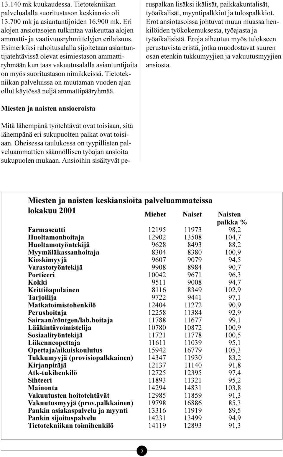 Esimerkiksi rahoitusalalla sijoitetaan asiantuntijatehtävissä olevat esimiestason ammattiryhmään kun taas vakuutusalalla asiantuntijoita on myös suoritustason nimikkeissä.