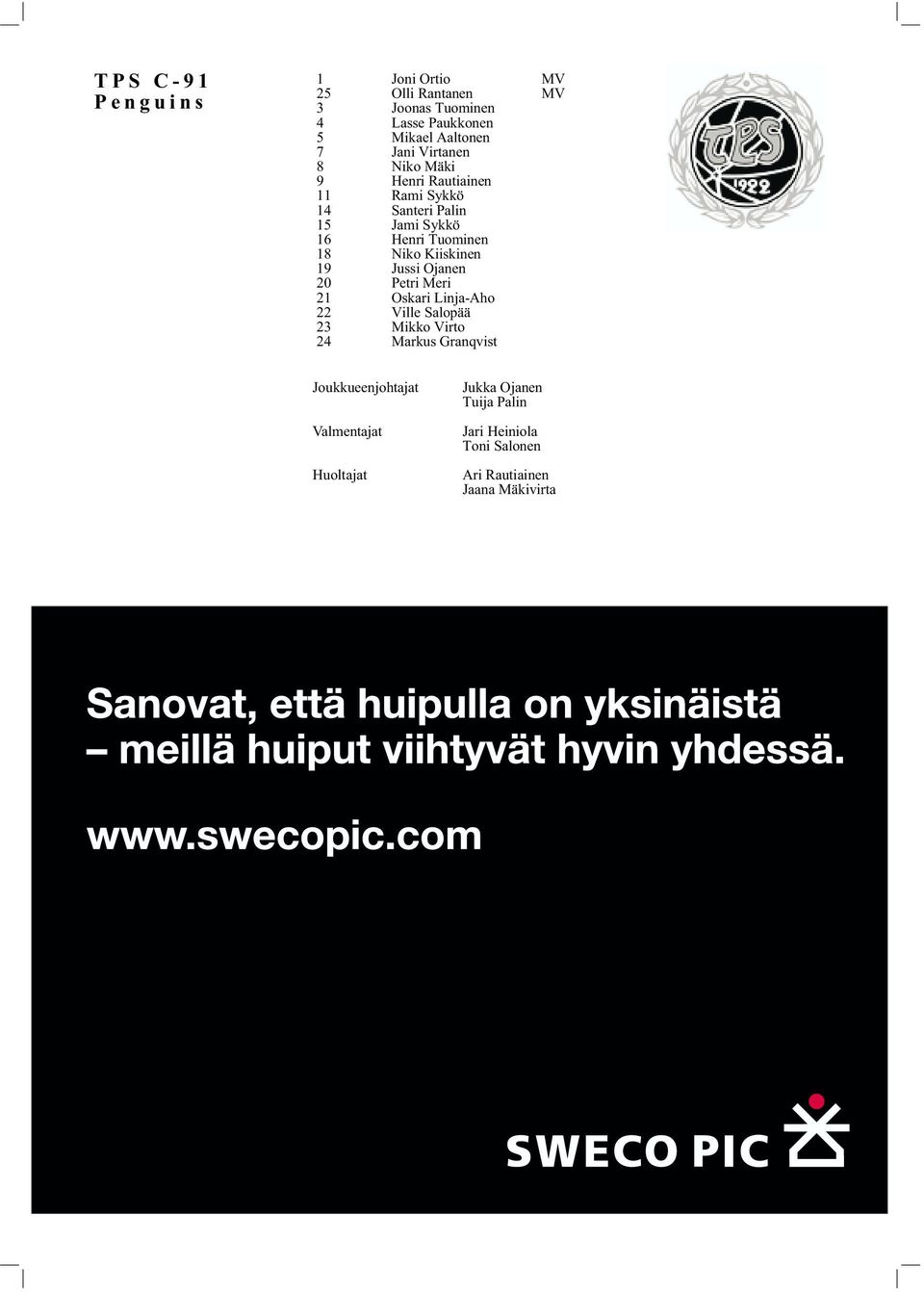 Kiiskinen 19 Jussi Ojanen 20 Petri Meri 21 Oskari Linja-Aho 22 Ville Salopää 23 Mikko Virto 24 Markus Granqvist
