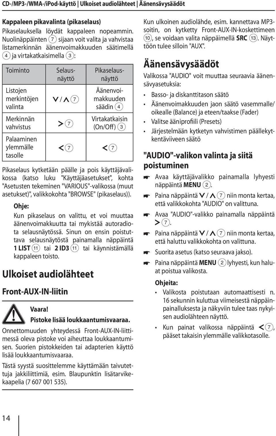 tasolle / 7 7 Selausnäyttö Pikaselausnäyttö Äänenvoimakkuuden säädin 4 Virtakatkaisin (On/Off) 3 7 7 Pikaselaus kytketään päälle ja pois käyttäjävalikossa (katso luku "Käyttäjäasetukset", kohta