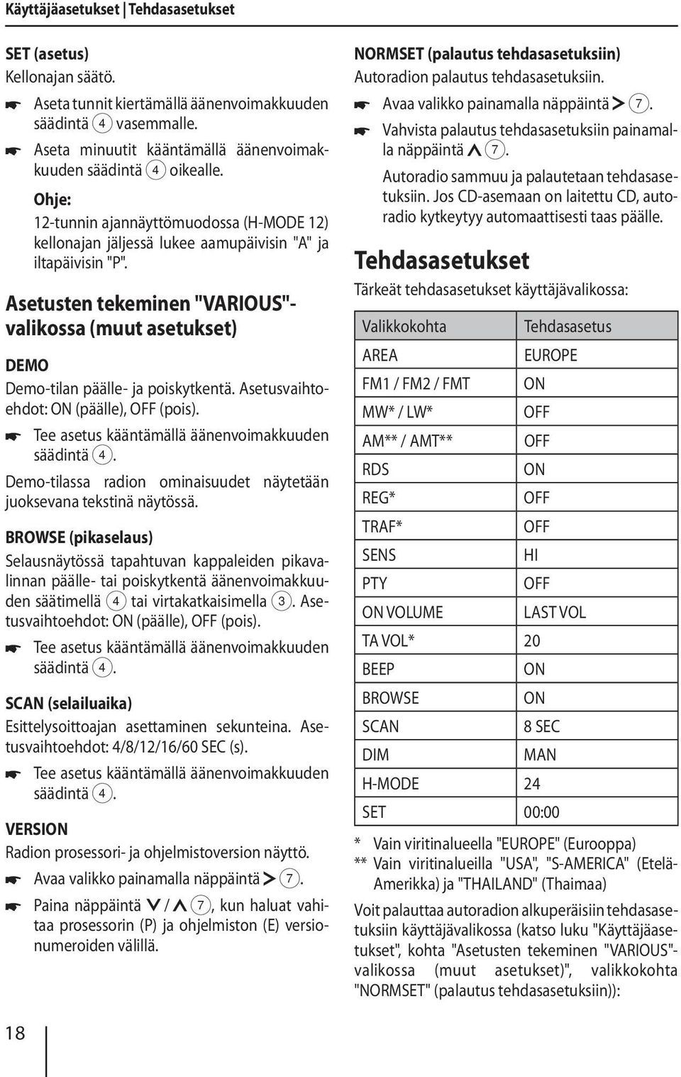 Asetusten tekeminen "VARIOUS"- valikossa (muut asetukset) DEMO Demo-tilan päälle- ja poiskytkentä. Asetusvaihtoehdot: ON (päälle), OFF (pois).