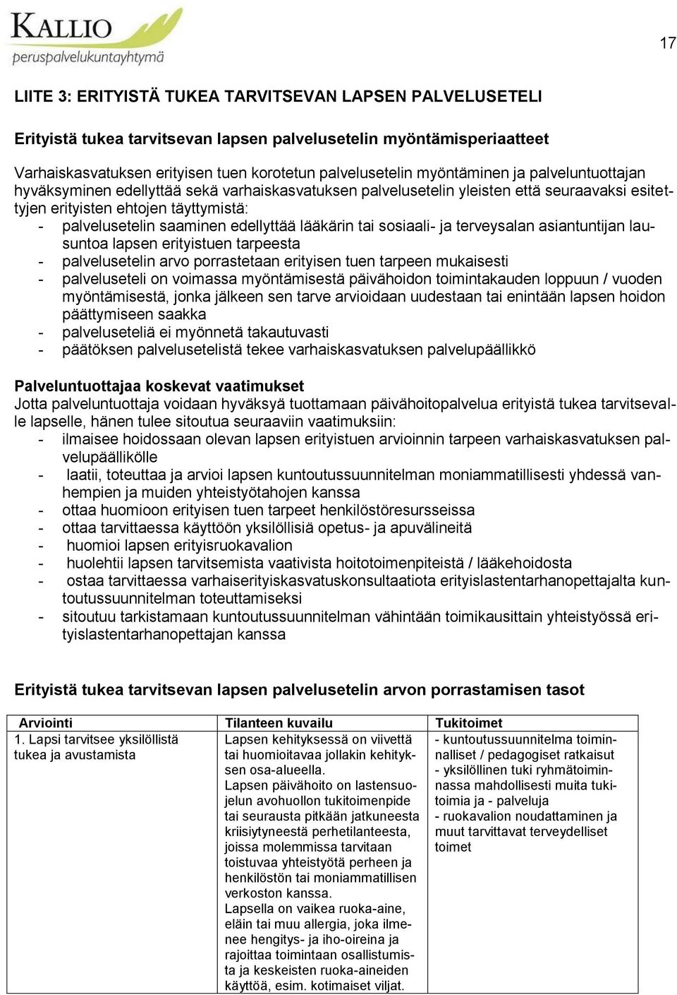 edellyttää lääkärin tai sosiaali- ja terveysalan asiantuntijan lausuntoa lapsen erityistuen tarpeesta - palvelusetelin arvo porrastetaan erityisen tuen tarpeen mukaisesti - palveluseteli on voimassa