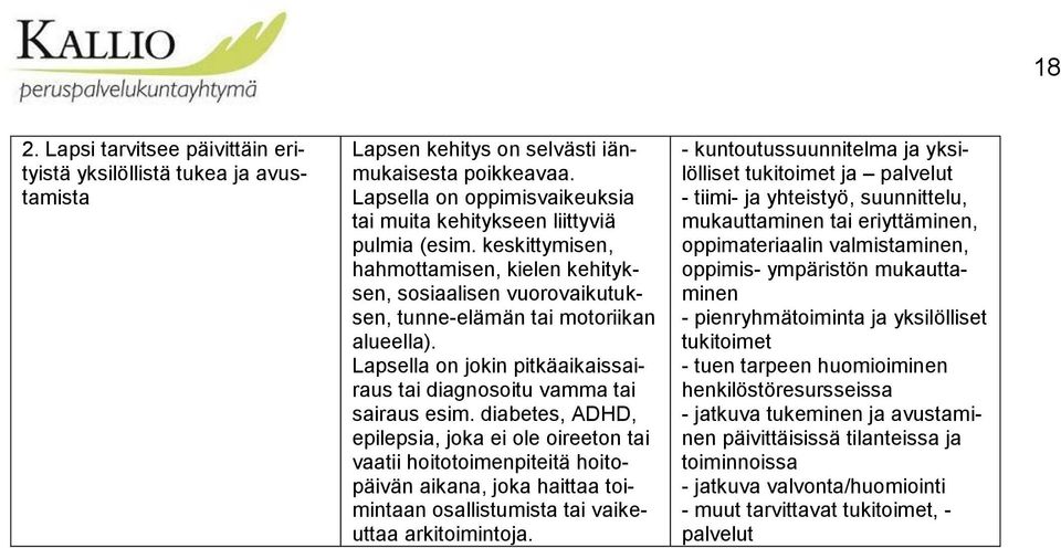 Lapsella on jokin pitkäaikaissairaus tai diagnosoitu vamma tai sairaus esim.