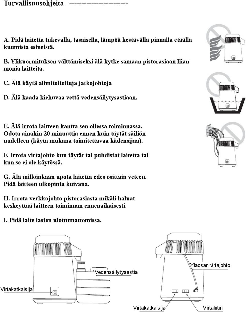 Älä irrota laitteen kantta sen ollessa toiminnassa. Odota ainakin 20 minuuttia ennen kuin täytät säiliön uudelleen (käytä mukana toimitettavaa kädensijaa). F.