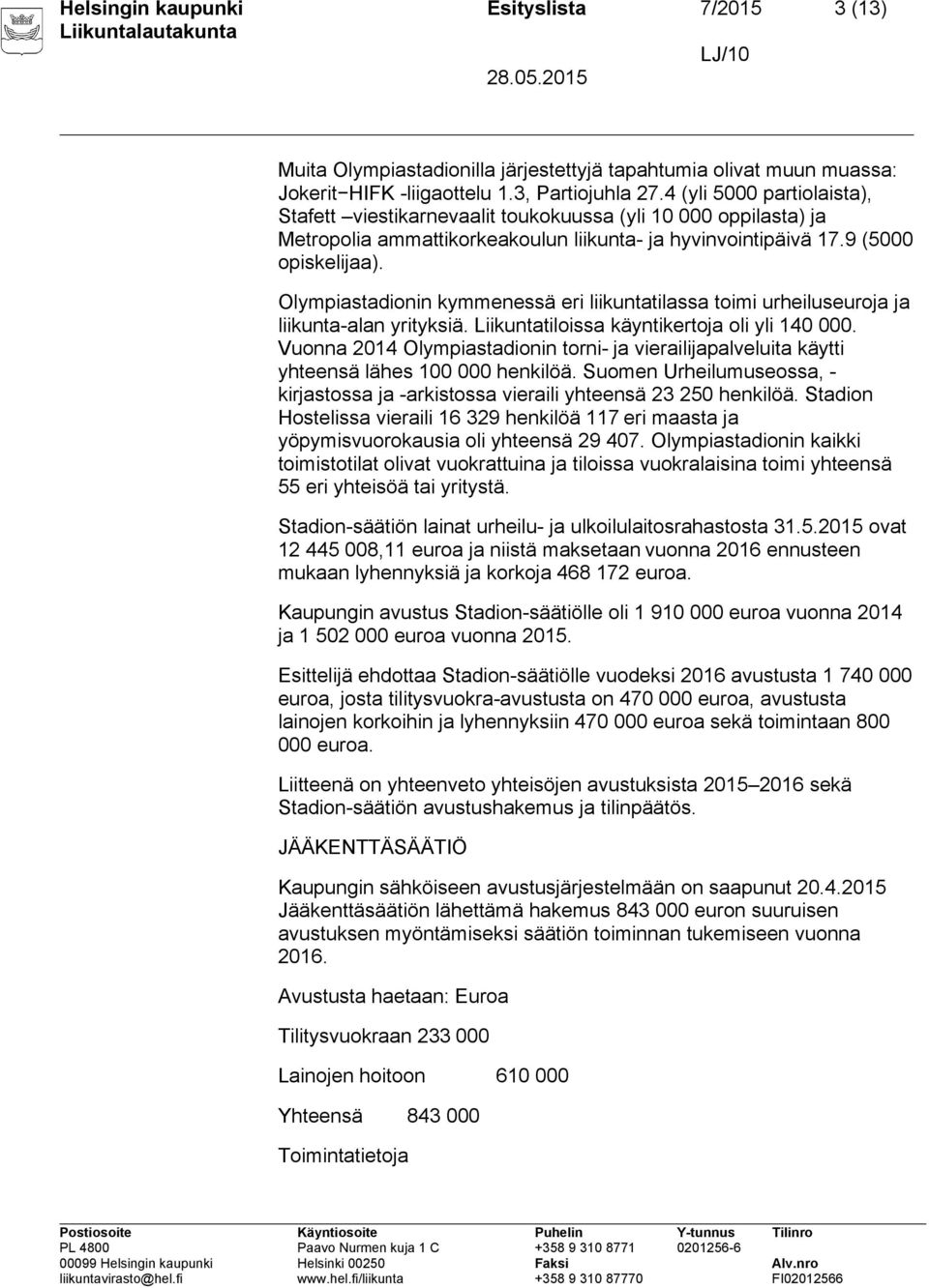 Olympiastadionin kymmenessä eri liikuntatilassa toimi urheiluseuroja ja liikunta-alan yrityksiä. Liikuntatiloissa käyntikertoja oli yli 140 000.