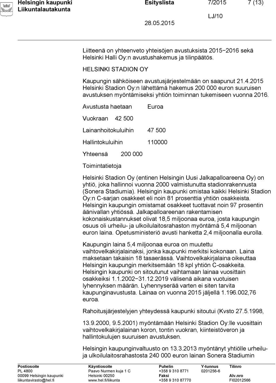 2015 Helsinki Stadion Oy:n lähettämä hakemus 200 000 euron suuruisen avustuksen myöntämiseksi yhtiön toiminnan tukemiseen vuonna 2016.