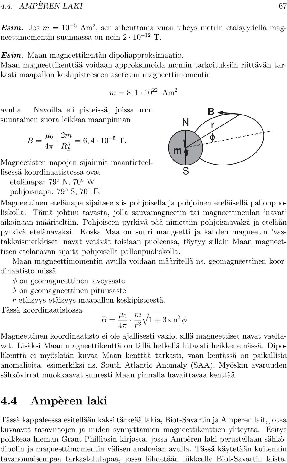 Navoilla eli pisteissä, joissa m:n suuntainen suora leikkaa maanpinnan = µ 0 4π 2m =6, 4 10 5 T.