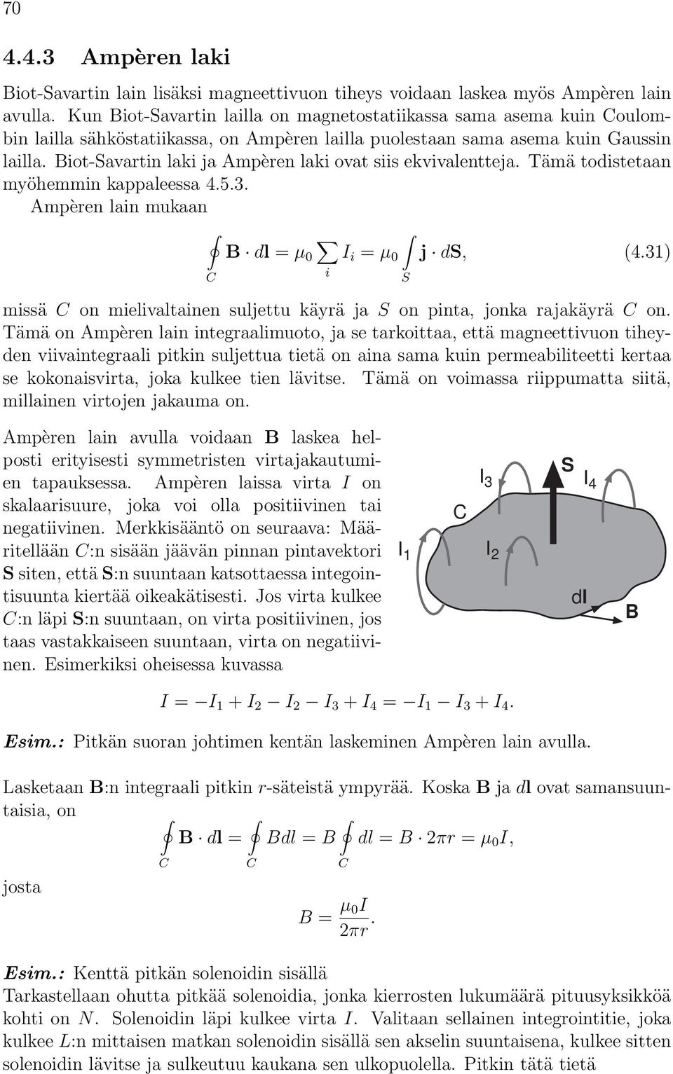 iot-avartin laki ja Ampèren laki ovat siis ekvivalentteja. Tämä todistetaan myöhemmin kappaleessa 4.5.3. Ampèren lain mukaan dl = µ 0 I i = µ 0 j d, (4.