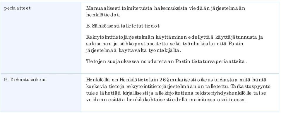 järjestelmää käyttävältä työntekijältä. Tietojen suojauksessa noudatetaan Postin tietoturvaperiaatteita. 9.