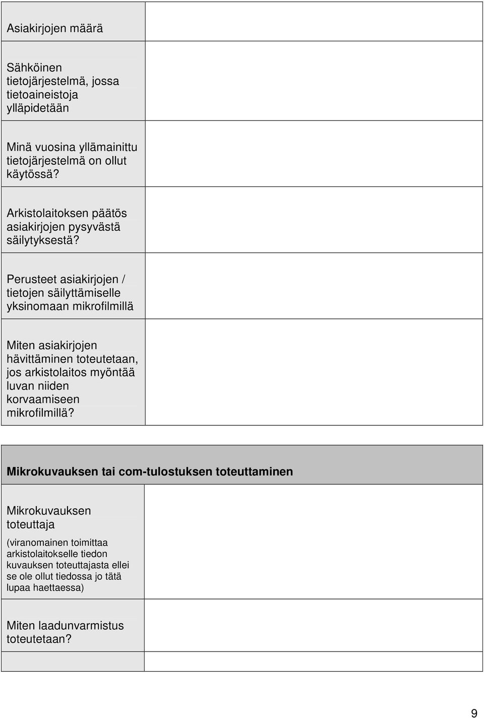 Perusteet asiakirjojen / tietojen säilyttämiselle yksinomaan mikrofilmillä Miten asiakirjojen hävittäminen toteutetaan, jos arkistolaitos myöntää luvan