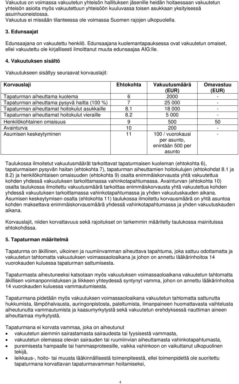 Edunsaajana kuolemantapauksessa ovat vakuutetun omaiset, ellei vakuutettu ole kirjallisesti ilmoittanut muuta edunsaajaa AIG:lle. 4.