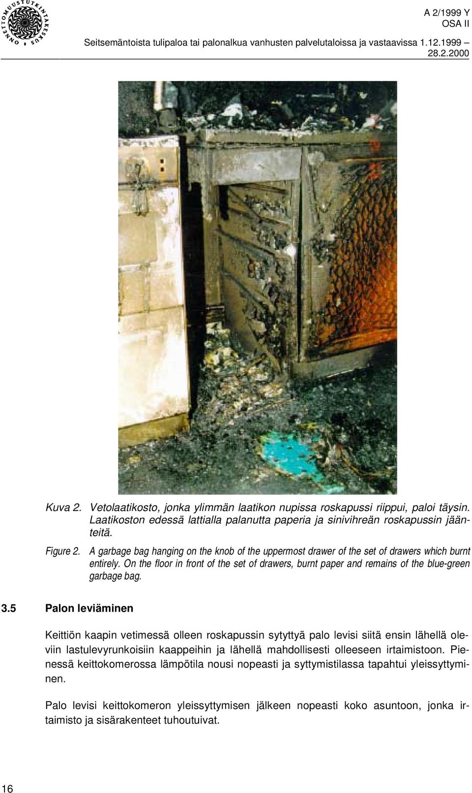On the floor in front of the set of drawers, burnt paper and remains of the blue-green garbage bag. 3.