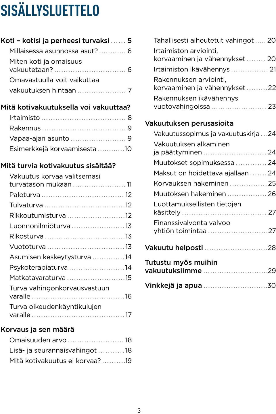 Vakuutus korvaa valitsemasi turvatason mukaan 11 Paloturva 12 Tulvaturva 12 Rikkoutumisturva 12 Luonnonilmiöturva 13 Rikosturva 13 Vuototurva 13 Asumisen keskeytysturva 14 Psykoterapiaturva 14