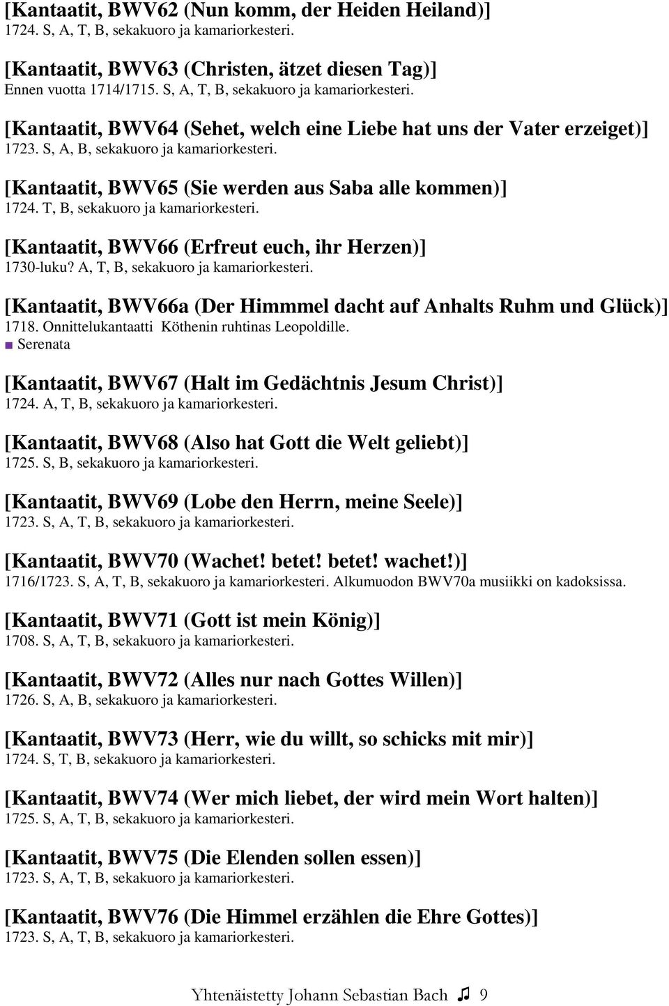 [Kantaatit, BWV65 (Sie werden aus Saba alle kommen)] 1724. T, B, sekakuoro ja kamariorkesteri. [Kantaatit, BWV66 (Erfreut euch, ihr Herzen)] 1730-luku? A, T, B, sekakuoro ja kamariorkesteri.